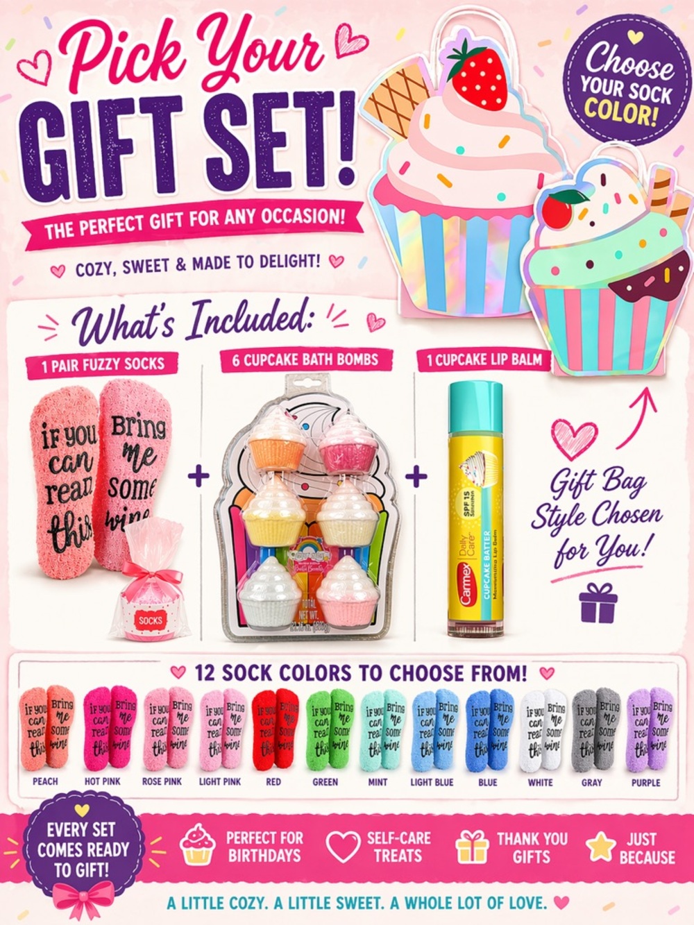Cupcake 9 piece Gift Set – Pick your Socks!
